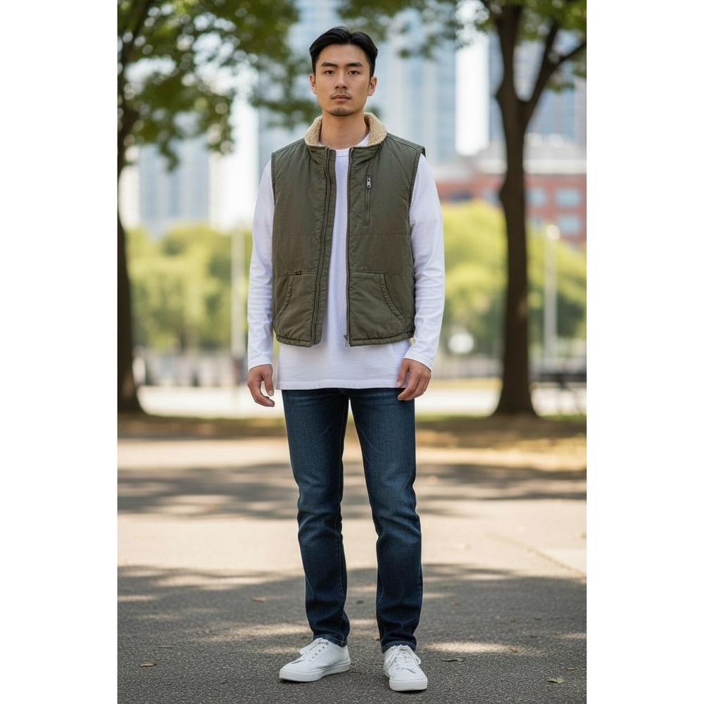 Lee Men's Sherpa Lined Quilted‎ Vest Olive Green Puffer Sleeveless Jacket Size L